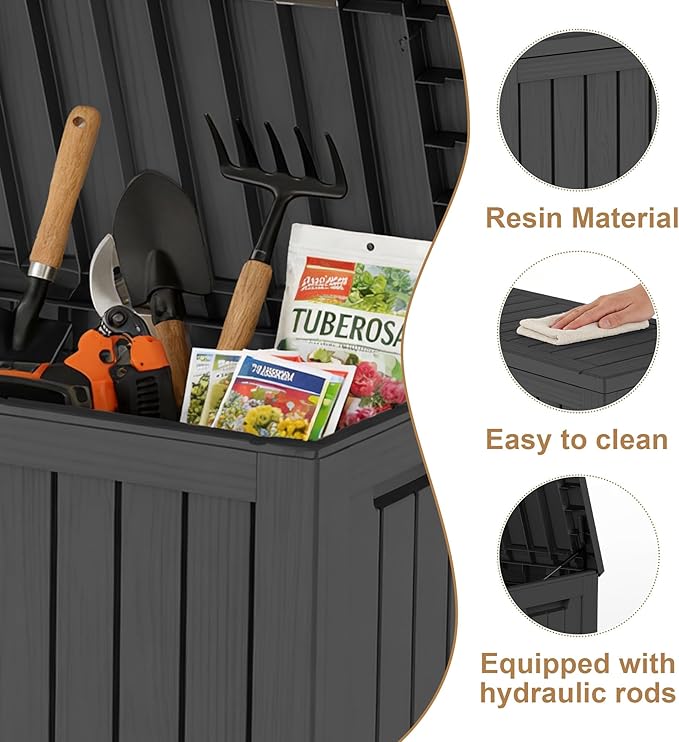 DRATO 85 Gallon Outdoor Deck Box, Weather-Resistant Resin Patio Storage Box with Hydraulic Rod, Large Capacity Storage Bin for Garden Tools, Pool Towels, Outdoor Cushions & Toys (Black)