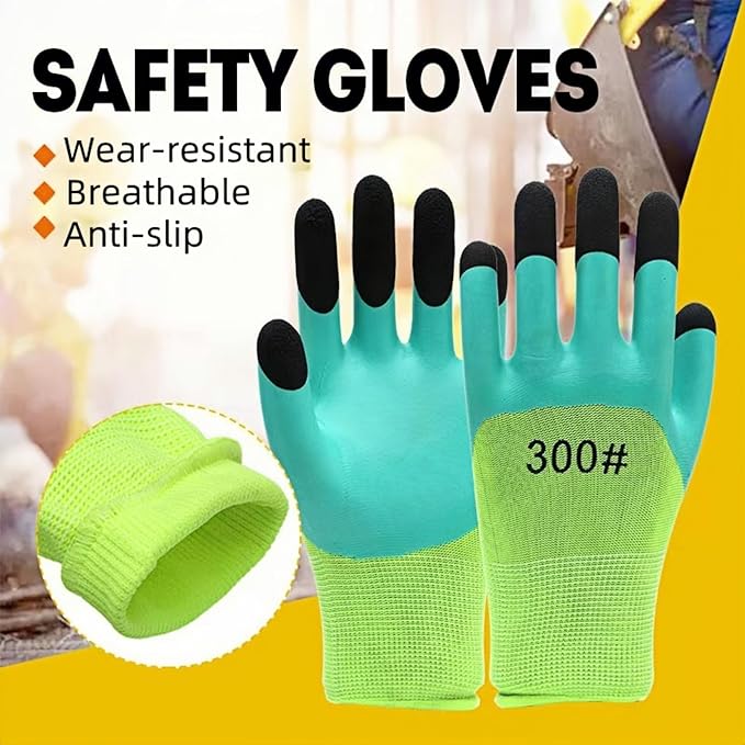 2/6 Pair Gardening Gloves ，Safety Work Gloves ，Rubber Protective Work Gloves with Gripper， Medium, Green and Blue