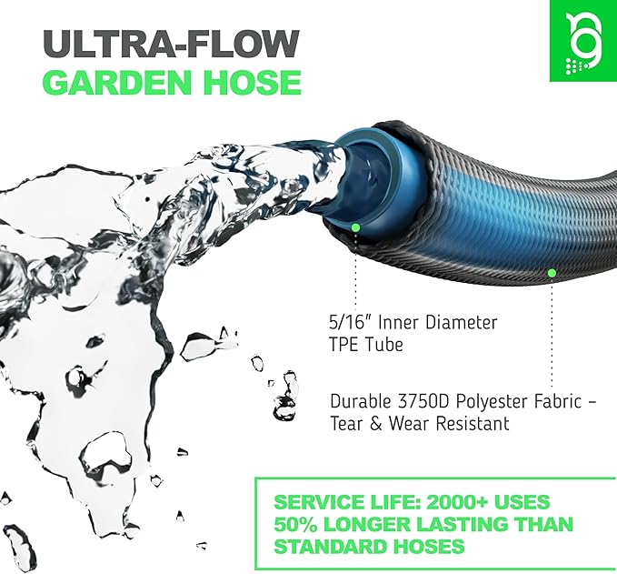 Easy to Use Garden Hose 50 FT, Lightweight and Leak-Proof Heavy-Duty Flexible Water Hose 50FT with Reinforced TPE Core, 3/4" Solid Brass Fittings, Ultra-Flow Manguera Para Jardin, Built to Last