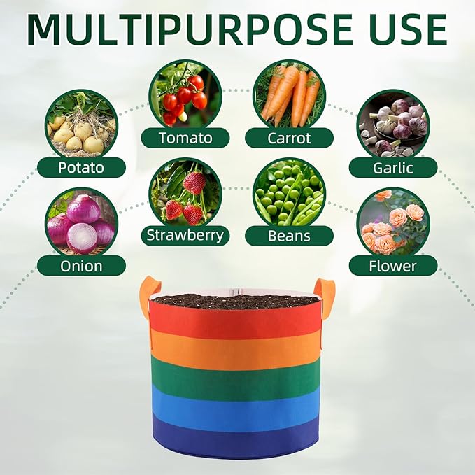 6 Pack 5 Gallon Grow Bags, Heavy Duty Thickened Colorful Nonwoven Plant Fabric Pots with Handles, Five-Color Tone Garden Plant Bags for Fruits Vegetables Flowers Herb