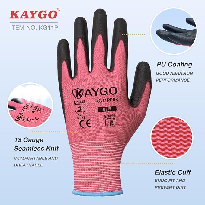 KAYGO Work Gloves for Men and Women,60 Pairs Seamless Knit PU Coated Safety Gloves, with Smooth Grip on Palm and Fingers, Ideal for Light Warehouse, Manufacturing, Gardening, KG11P (M,Pink)