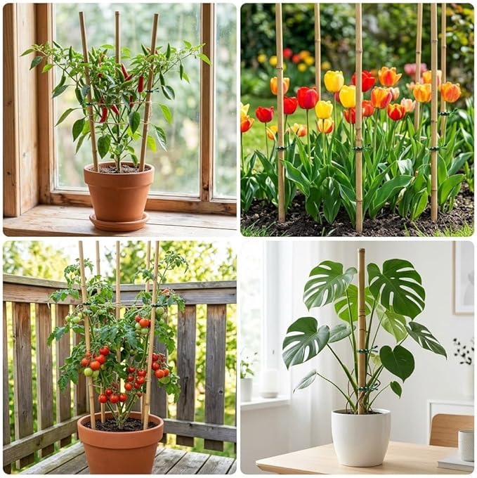 Plant Stakes Natural Bamboo Sticks - 25 Pcs Bamboo Garden Stakes for Plants 4 FT Plant Support Sticks with Twist Ties for Tomatoes Grapes Beans Flowers Indoor Outdoor Potted Climbing Plants