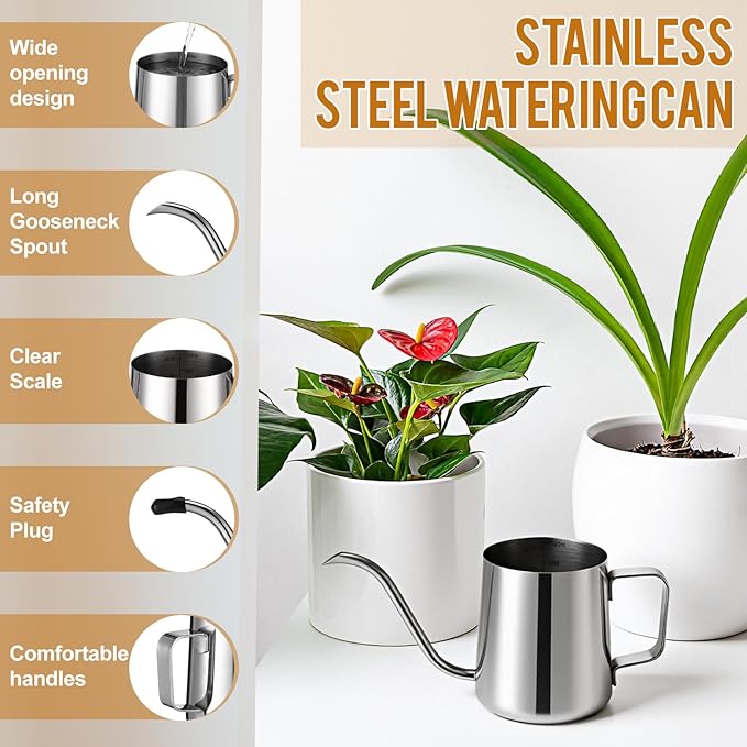 2 Pcs Small Watering Can for Indoor Plants, 12 Oz/350 ml Mini Plant Watering Pot with Long Spout and Scale 304 Stainless Steel Tiny Watering-can for Outdoor Indoor Plants Garden(Sliver)