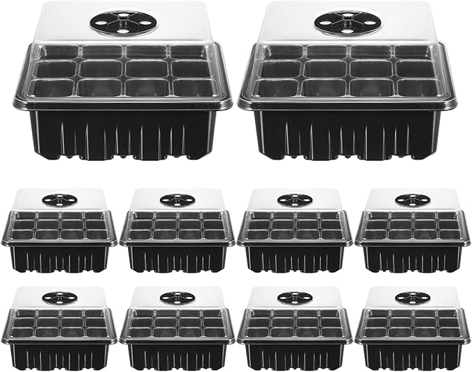 10 Pack Seed Starter Trays 12-Cell Seedling Box with Humidity Adjustment Transparent Domes and Base Trays for Garden Seedling Seed Starting Growing Germination