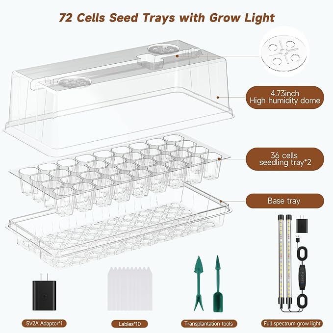 Seed Starter Tray with Grow Light, Seed Starter Kit Full Spectrum with 5 Dimmable Brightness & Timer, Indoor Plant Grow Tray for Beginners & Seasoned Gardeners, Gardening Gifts (White, 72 Cells)