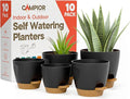 Black Self Watering Pots 10 Pack, Indoor and Outdoor Plant Pots with Wick Rope & Drainage Holes, Easy Watering Lip, Lightweight Plastic Self Watering Planter for Succulents, Houseplants, and Herbs