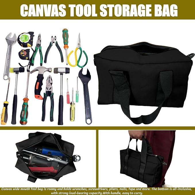 BLIRITEL 20 Inch Wide Mouth Tool Bag, Heavy Duty Canvas Tool Storage Bag, Large Capacity Handbag, Multi-function Tool Organizer Tote Bag for Storage Wrenches Pliers (Black, 20 Inch)