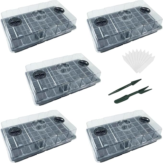 5-Set Seed Starter Tray Kits, Durable Plant Germination Trays with Humidity Vented Domes and Bases, Ideal for Seed Starting, Indoor Gardening, and Greenhouse (Total 200 Cells)