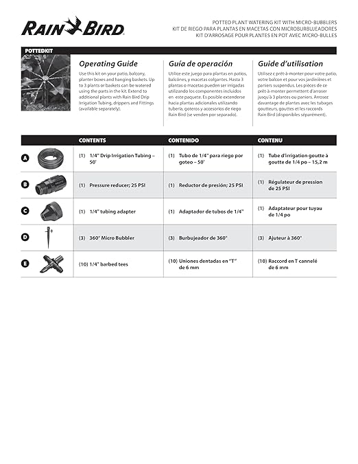 Rain Bird POTTEDKIT Drip Irrigation Container/Potted Plant Watering Kit, Connects to Faucet/Garden Hose, 1/4" Drip Tubing, 360° Micro Bubblers, T-Fittings and Pressure Regulator