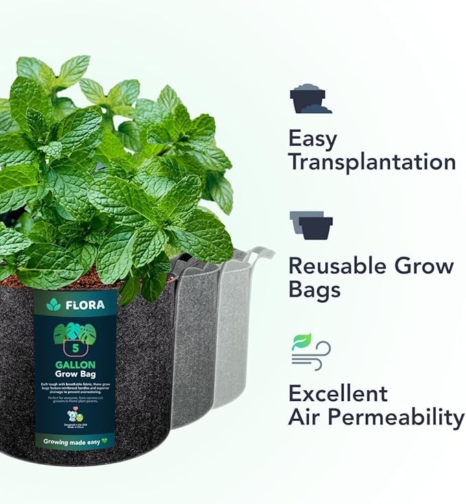 Flora 5-Gallon Thickened 300G Nonwoven Fabric Grow Bags for Plants, Heavy-Duty Pots with Handles 1-Pack