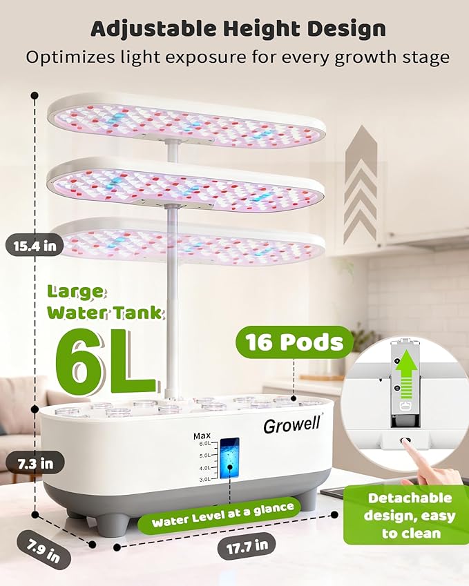Hydroponics Growing System Kit, 16 Pods, Vertical 8L Indoor Gardening System for Herb Vegetable Fruit, with LED Grow Light, Smart Water Circulation, 3 Light Modes & 2 Timer, White