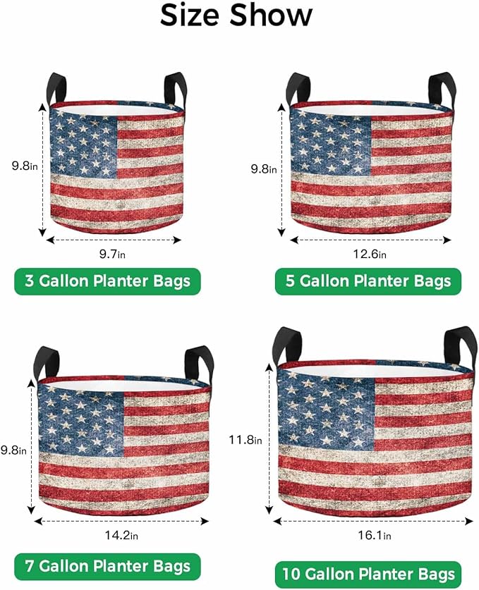 10 Gallon Grow Bags Planter Bag, Independence Day Vintage USA Flag Red Stripe Fabric Plant Pots with Handle,Flower Grow Bag for Vegetable Potato Tomato, Patriotic Star on Blue Gardening Bags
