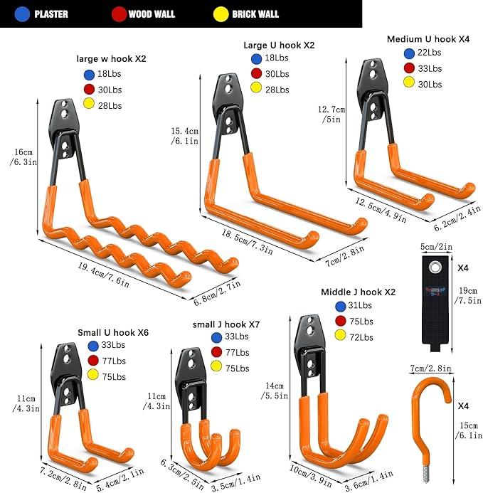 3-H Garage Wall Hooks Heavy Duty 31 Pack, Anti-Slip Steel Wall Mount Storage Hooks for Hanging Ladder Garden Yard Tools, Utility Organizer for Garage Lawn Shed (Orange)