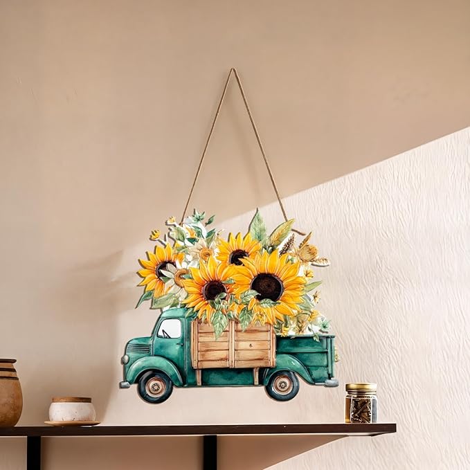 Quterhero Sunflower Truck Wall Decor, Metal Hanging Art for Home Porch or Indoor Outdoor Wall, Vintage Farmhouse Gift for Mom, Women, Friends(Green Truck)