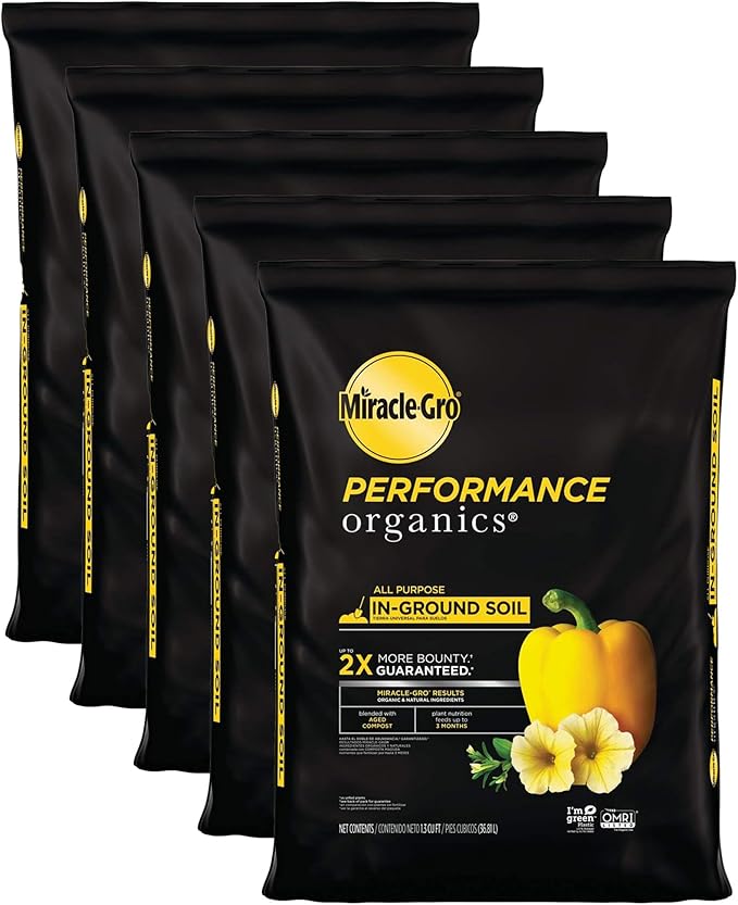 Miracle-Gro 5 Pack Performance Organics All Purpose In-Ground Garden Soil with Organic and Natural Ingredients, Feeds Vegetables, Flowers and Herbs for Up to 3 Months, 1.3 cu. ft.