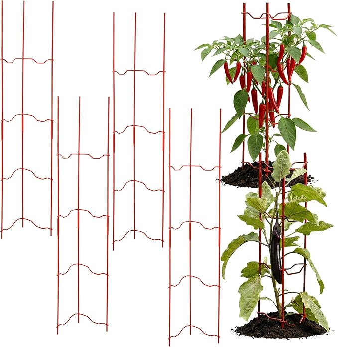 4 Pack Tomato Cage for Garden, 6" W x 6" D x 32" H Pepper and Eggplant Garden Stakes Metal Plant Support Sturdy V-Shape Trellis for Climbing Plants Vegetables Flowers Fruits
