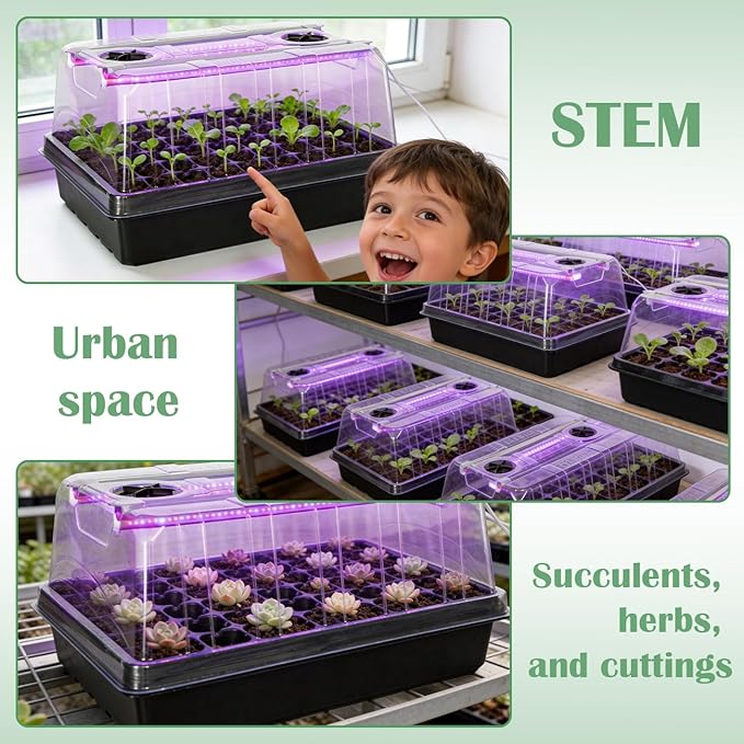 Seed Starter Tray with Grow Lights - 3-Pack 54 Cell Seedling Starter Kit, 5" Tall Humidity Dome & 2.8" Deep Cells, 96-LED Full Spectrum Plant Light with Timer/Dimmable, Reusable Germination Station