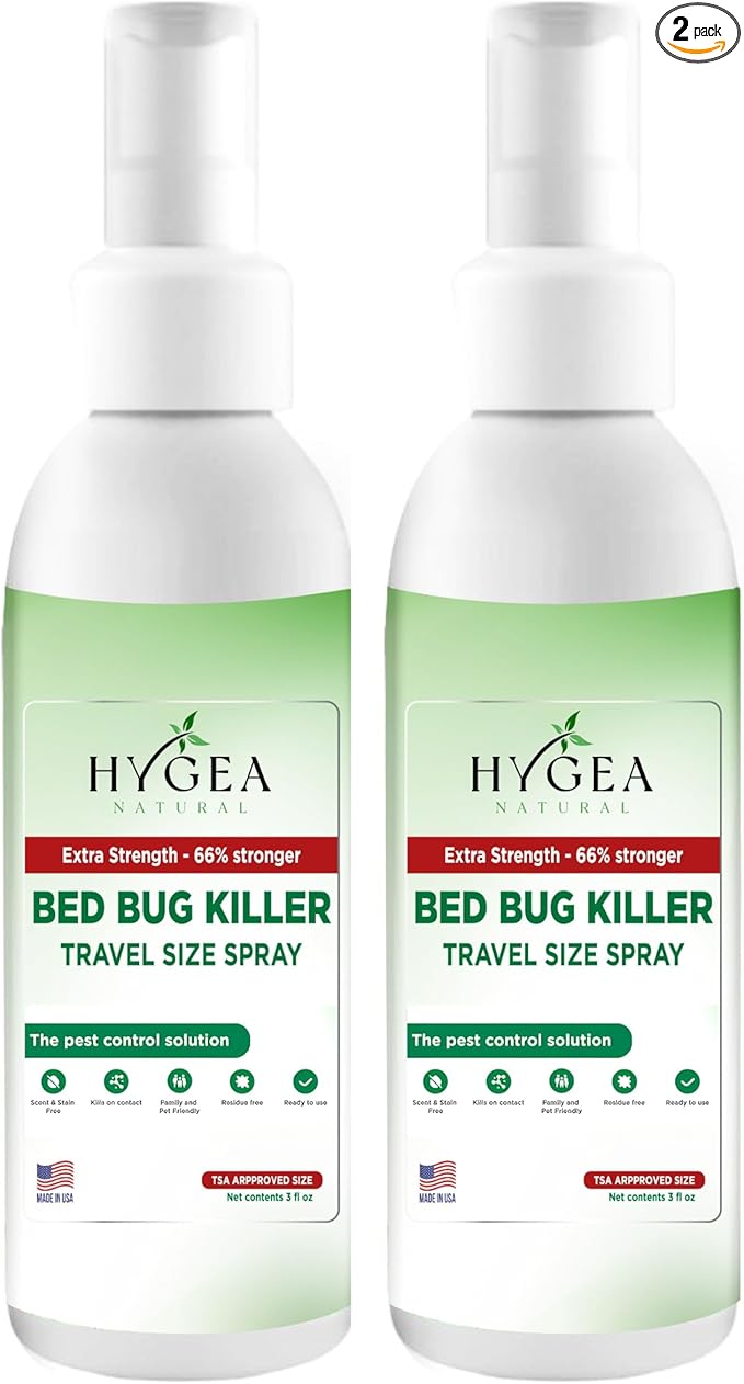 Hygea Natural Extra Strength Bed Bug Killer & Mite Travel Spray - TSA Approved Size - Child & Pet Friendly - Stain & Odor Free - for Hotel, Suitcase, Backpack, Shoes - 66% Stronger Formula(2pk, 3 oz)
