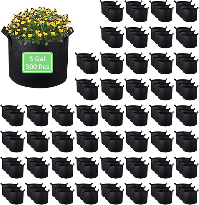 300 Pack 5 Gallon Grow Bags Garden Plant Grow Bag Aeration Fabric Pots with Handles Nonwoven Cloth Pots Planting Bags Garden Bags for Vegetables Flowers Potatoes (5 Gal)