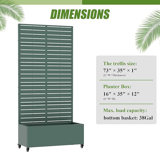 Casaphoria Metal Raised Garden Bed with Trellis and Wheels, 72"x35"x16" Planter Box for Climbing Plants, Vegetables & Vines, Features Drainage Holes and Privacy Screen, Drak Green-Louvered