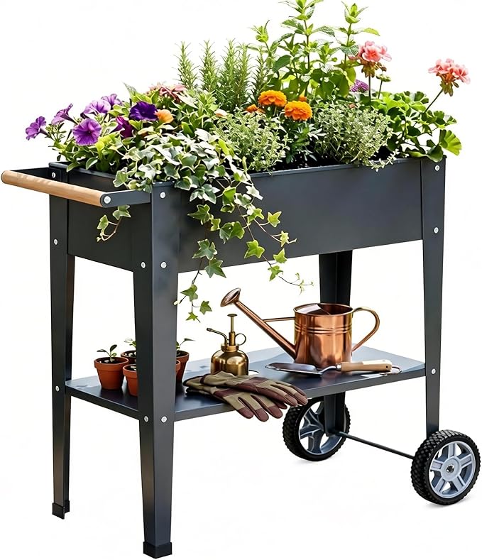 Raised Garden Bed Outdoor with Wheels, Leg and Wooden Handle, 29.5x13.4x32.3in, 350lb Cap, Metal Elevated Raised Planter Box for Herb, Vegetable, Perfect for Backyard, Balcony, Light Black