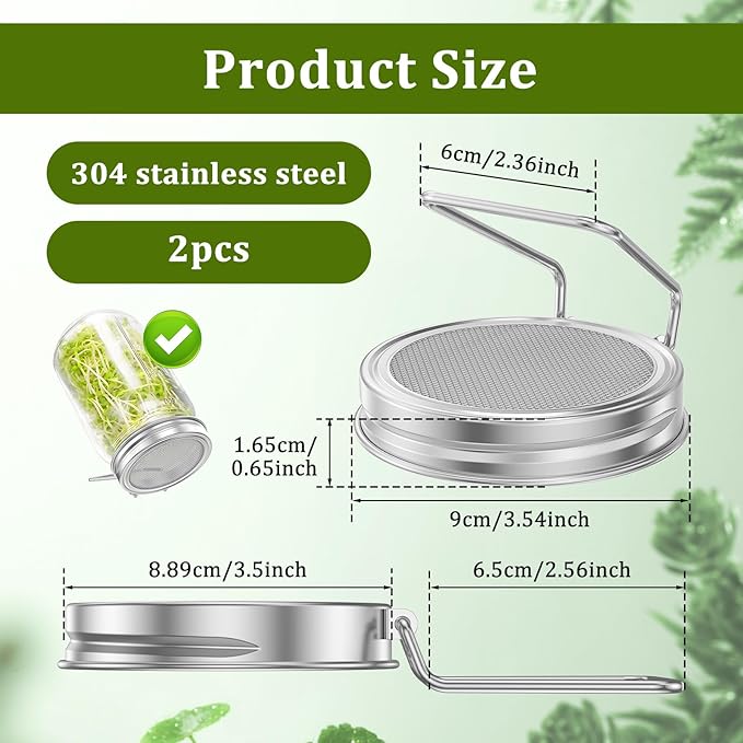 2Pcs Sprouting Lids for Wide Mouth Mason Jars, Reusable Stainless Steel Screen Bean Sprouting Jar Lids, Sprout Growing Lid for Organic Alfalfa Broccoli Seeds Mung Bean, Plant Germination Kits