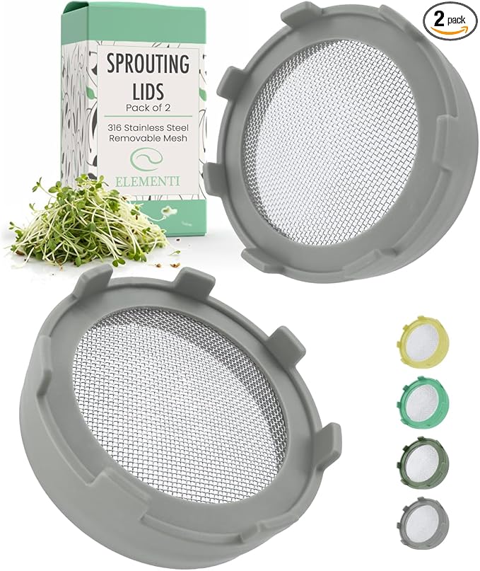 Elementi Sprouting Lids for Mason Jars (Set of 2), Wide Mouth Mason Jar Strainer Screen Lids for Sprouting Kit, 316 Stainless Steel Mesh (Grey)