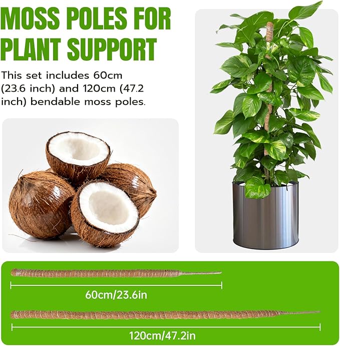 Mcbazel 2 Pack Bendable Moss Pole Kit (47" & 23") for Plants Monstera - Mixed Size Coco Coir Plant Support Stakes for Tall & Medium Indoor Vines - Flexible Totem Stick with Full Garden Ties