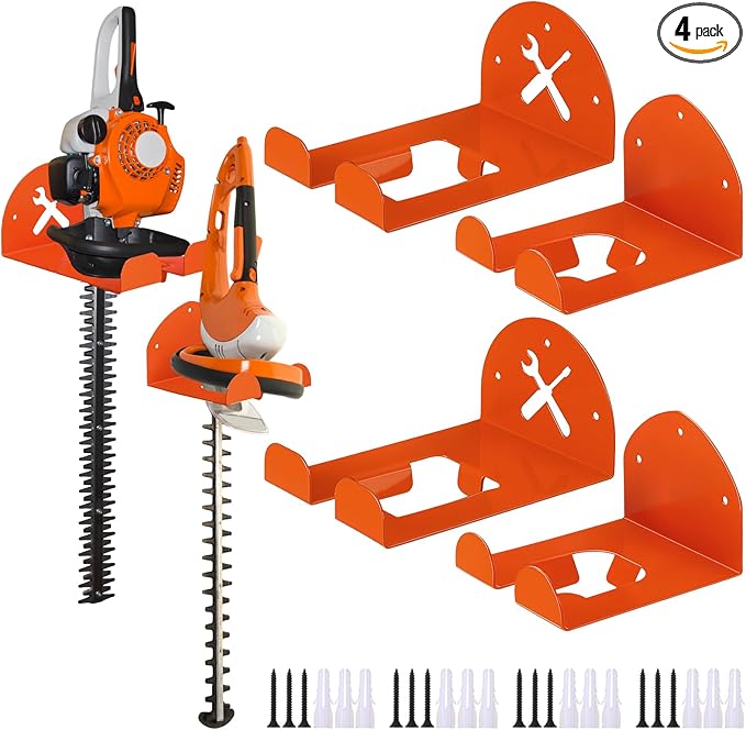 4 Pack Upgraded Trimmer Rack Wall Mount 8" and 5.9" Heavy Duty Weed Eater Hanger for Garage Wall Bracket Garden Power Tool Holder Organizer Hooks for Grass Hedge Trimmer, Leaf Blower, Chainsaw