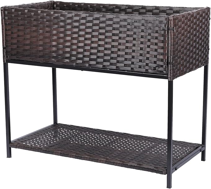 Raised Garden Bed - Rattan Raised Bed Wicker Elevated Raised Garden Bed with Underneath Tool Storage Rack Outdoor Raised Planter Box