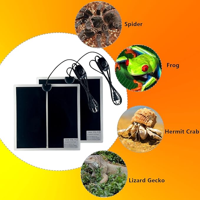 Reptile Heating Mat, 2PCS Reptile Heating Pad with Temperature Adjustment for Reptiles Tortoise Snakes Lizard Gecko Hermit Crab Amphibians - Removable Terrarium Heat Mats(14W, 11x11 inches)