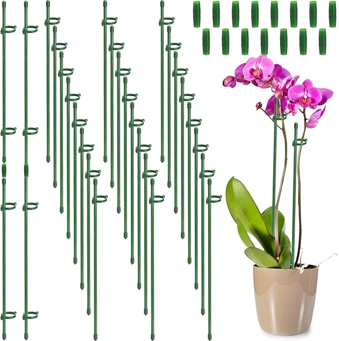 Coloch 48 Pack Plant Support Stakes, 11 Inch&17 Inch Height Adjustable Garden Plant Stake Orchid Sticks with 48 Clips and 24 Links Potted Plant Support for Orchid, Amaryllis, Tomato, Indoor&Outdoor