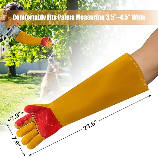 23.6" Leather Welding Gloves, 932℉ Heat-Resistant Long Gauntlet for MIG/TIG/Stick, Bite-Resistant Animal Handling, BBQ/Fireplace/Gardening, Reinforced Palm, Yellow