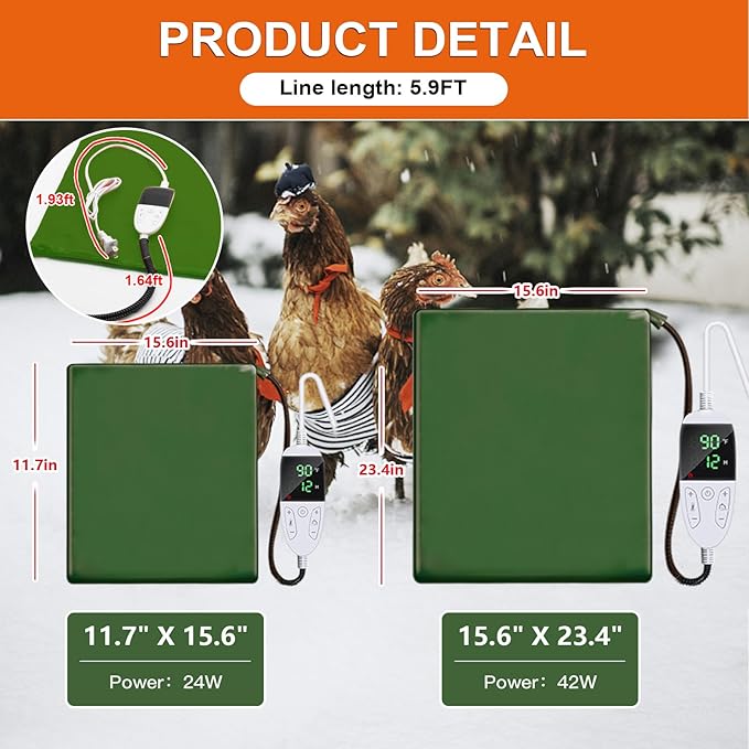 Chicken Heating Pad Chick Brooder Pad Poultry Heated Mat Adjustable Digital Thermostat Brood Heater Blanket with Timer Anti Bite Warmer Bed for Small Animal Pet 11.7 x 15.7 in Green