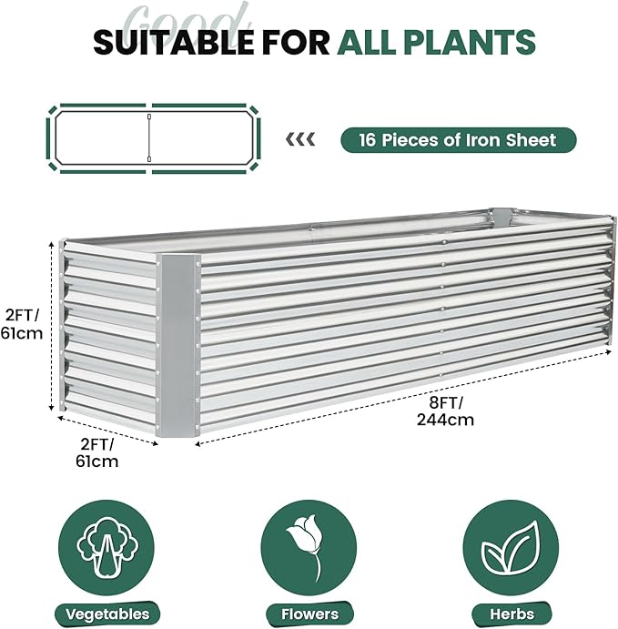 G GOOD GAIN 8x2x2 ft Galvanized Raised Garden Bed Kit, Large Metal Planter Box Outdoor for Vegetables, Flowers, Herbs, 24" Tall 240 Gallon Capacity Deep Root Design, Silver