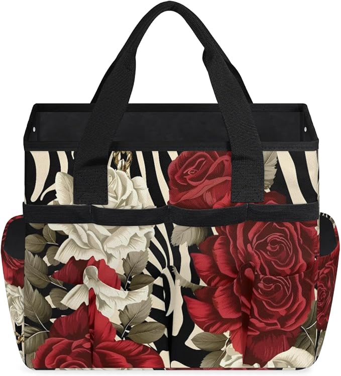 Garden Tool Bag Organizer Garden Tote Bag with Pockets Rose Zebra Pattern Tool Storage Organizer Gardening Tool Kit Holder 13" x 6.8" x 2.8"