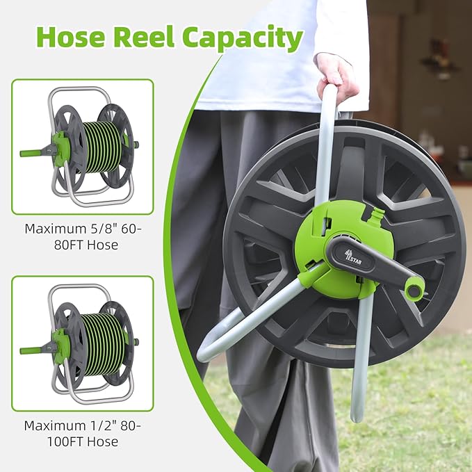 Water Hose Reel Cart, Holds 60-80 Ft of 5/8 Inch Hose, Green Wall Mounted Garden Hose Cart, Portable Hose Reel for Convenient Storage and Watering
