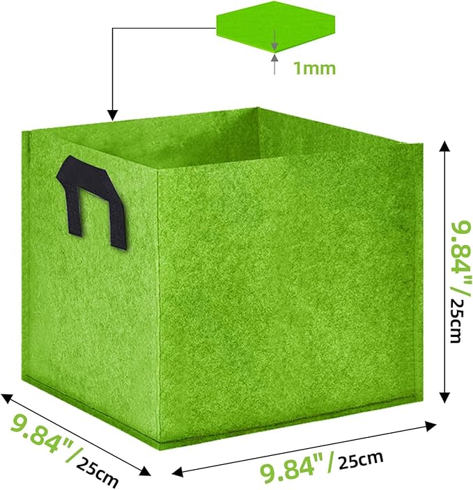 Square Grow Bags, Garden Fabric Planter Container with Handles Bed Flower Vegetables Pots 1MM Thickness Economic Colorful (Green,9.84x9.84x9.84 Square)