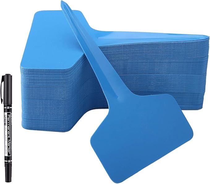 100 Pcs T-Type Plant Labels with a Gel Pen, Waterproof Nursery Plant Tags Plastic Garden Markers, Blue, 6 x 10cm