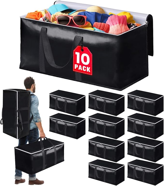 Heavy-Duty & Extra Capacity Moving Bags with Backpack Straps, Storage Totes with Double Zipper & Strong Handles, Packing Bags Alternative to Moving Boxes, Moving Supplies (10 Pack, Black)