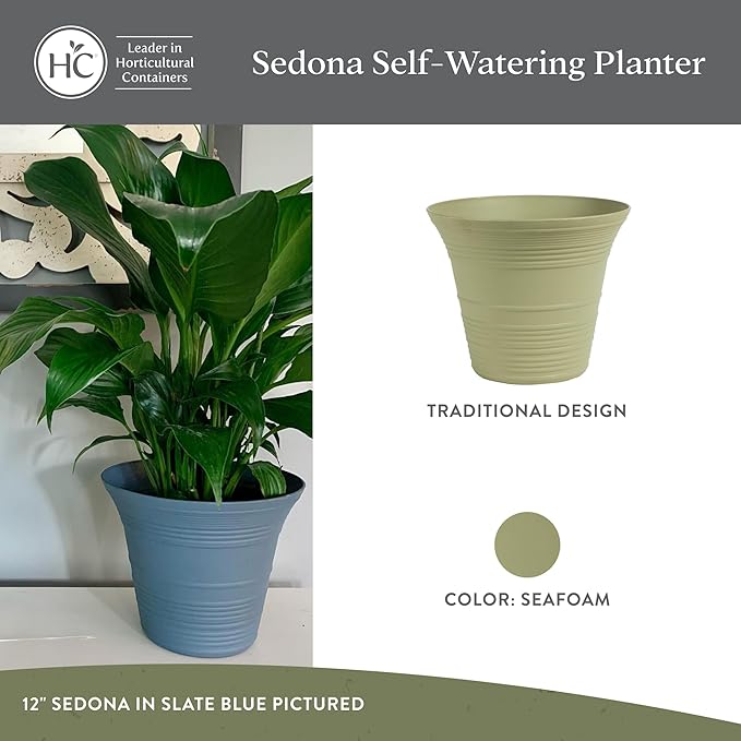 The HC Companies Sedona Round Self-Watering Pot - Lightweight Self Care Planter - Plastic Planter for Herbs & More - Durable Plant Pots for Indoor Plants & Outdoor Plants (12" Seafoam, Pack of 1)