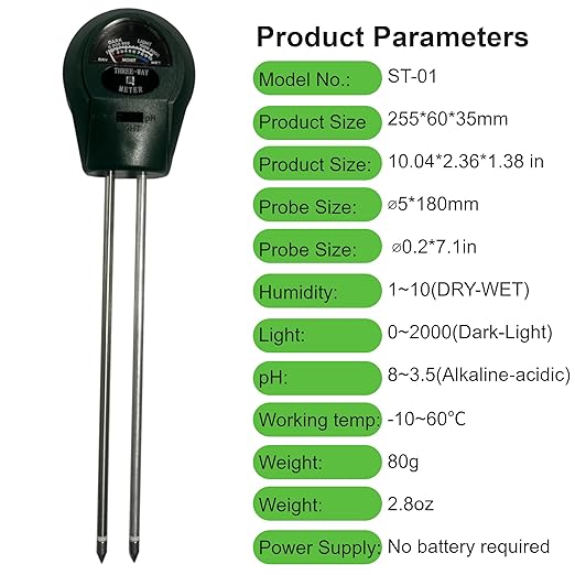 Soil Probe All-in-One pH/Moisture/Light Tester Digital Plant Care Soil Meter for Garden, Lawn, Farm, Indoor & Outdoor Use Promotes Healthy Plant Growth (Green ST-01) (Black)