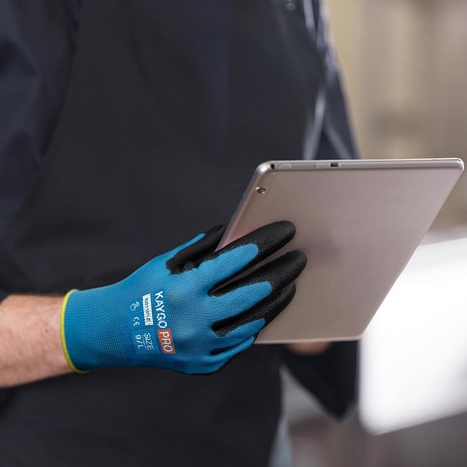 Work Gloves PU Coated for Men and Women, 12 Pairs Safety Work Gloves with Two Fingers Touchscreen, Breathable and Lightweight,Ideal for Light Warehouse, Manufacturing, Gardening, KG11P (M, Blue)