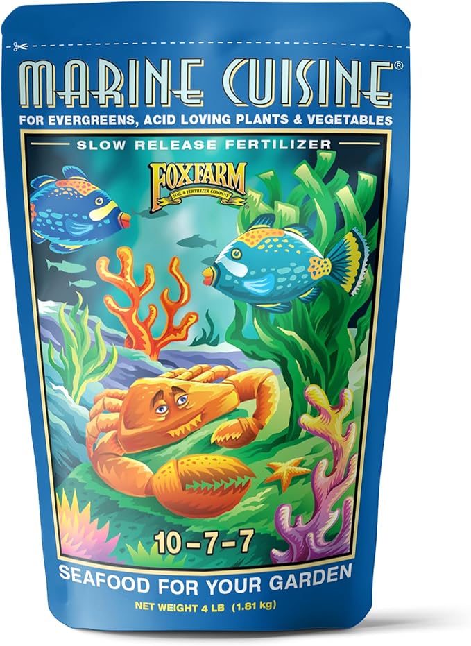 FoxFarm Marine Cuisine All Purpose Fertilizer - 10-7-7 Ocean-Based Plant Food with Crab Meal, Seabird Guano & Kelp - Slow Release Fertilizer for Vegetables, Flowers, Roses & Container Plants - 4 lb