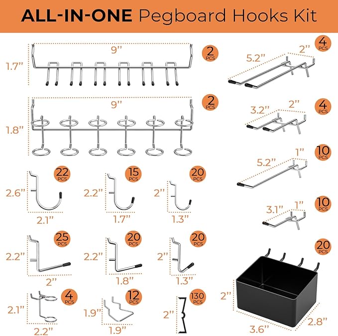 INCLY 320PCS Pegboard Accessories Organizer Kit, Peg Board Hooks Assortment with 20PCS Bins for Organizing Various Tools, Fit 1/8 or 1/4 inch Pegboard for Garage Wall Hanging & Storage