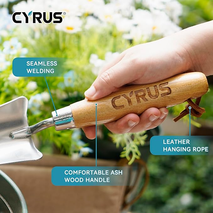 CYRUS Garden Shovel with Measurement Mark,Small Shovels for Gardening with Ash Wood Handle,12.4''Stainless Steel Hand Shovel Garden Spade Potting Soil Scoop for Gardening Planting,Transplanting