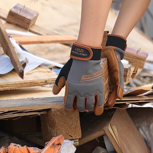 HANDLANDY Leather Work Gloves Mens & Women, Utility Safety Mechanic Working Gloves Touch Screen, Flexible Breathable Yard Work Gloves (X-Large, Brown-Cowhide Palm, Pack of 3)