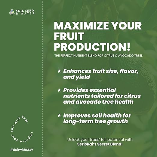 Soil Seed & Water Seriokai’s Secret Organic Fertilizer – Soil Amendment for Avocado & Lime, Lemon, Grapefruit, Orange and Citrus Trees - OMRI Listed Organic Fertilizer