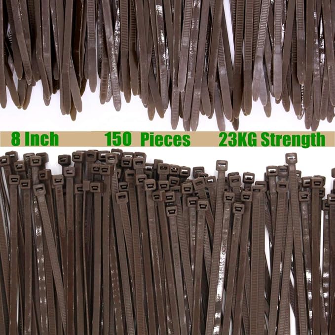 150 Pack Dark Brown Zip Ties 8 Inch, Heavy Duty 50 LBS Fence Cable Ties Color Matches Well with Bark Tree Branches, Gardening Plant Support Ties Outdoor Use