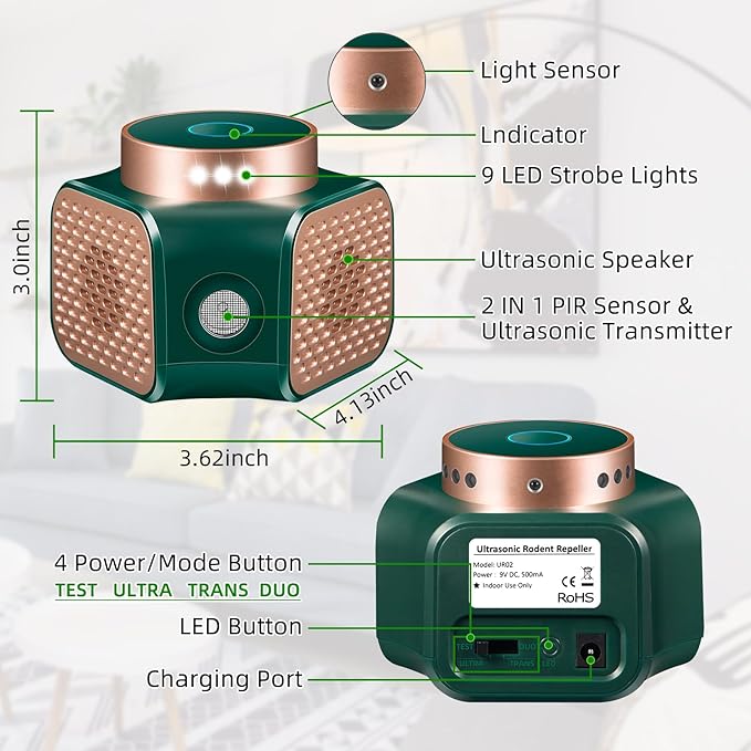 Upgraded Mouse Repellent Ultrasonic Plug in Mice Repellent Indoor Control for Rodent Rat Mouse Mice Squirrel 4 IN1 Electronic Repellent Devices for House Garage Basement Attic